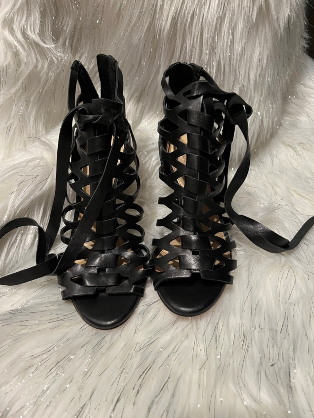 ANTONIO MELANI Black Lace-Up Cutout Gladiator Heels